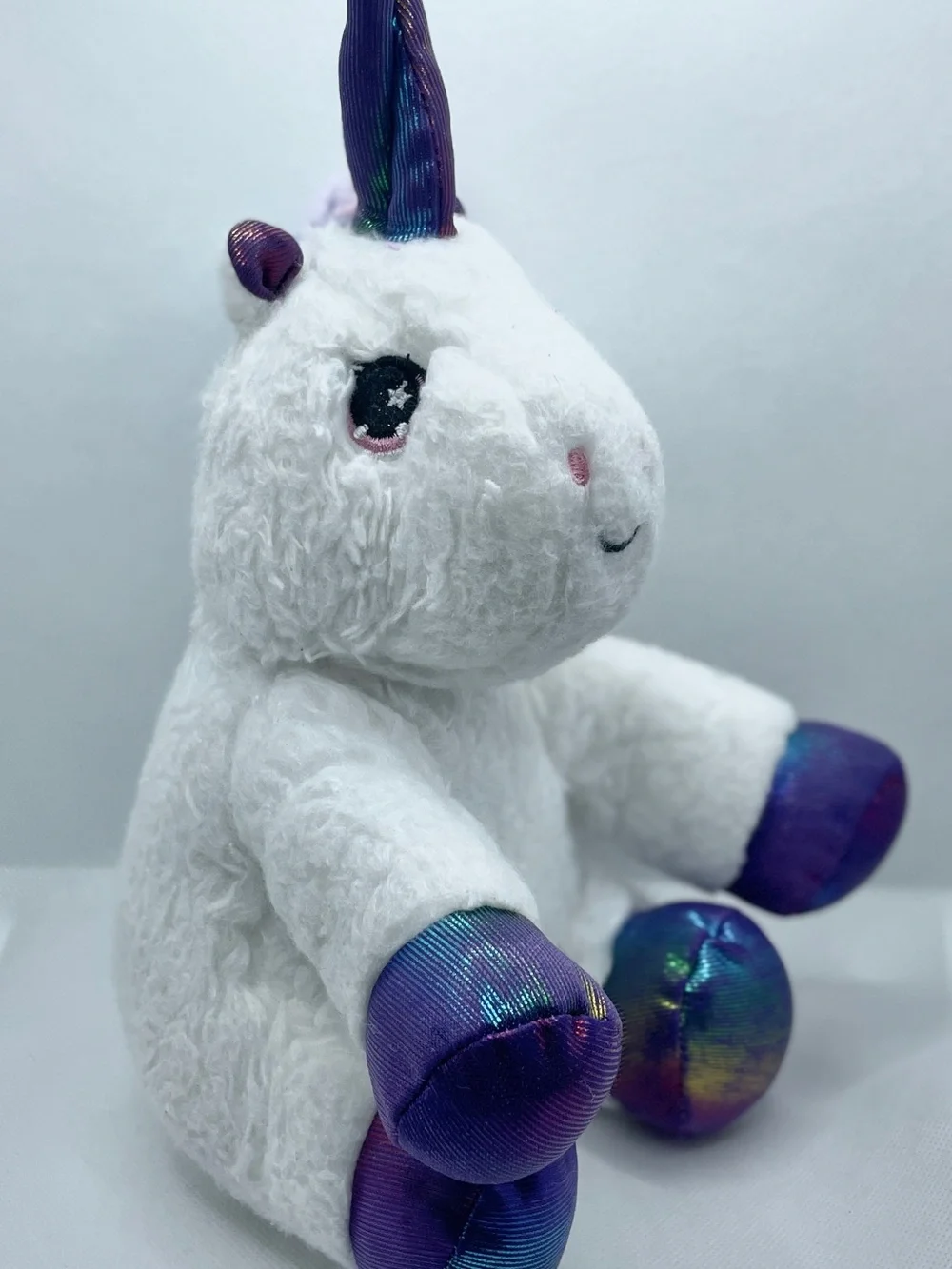 White Unicorn Plush with Iridescent Purple Hooves and Horn Sz Small